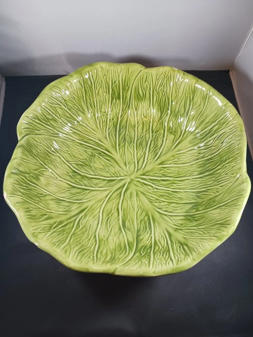 Vintage 70's Green Cabbage Leaf Serving Bowl Handmade Signed